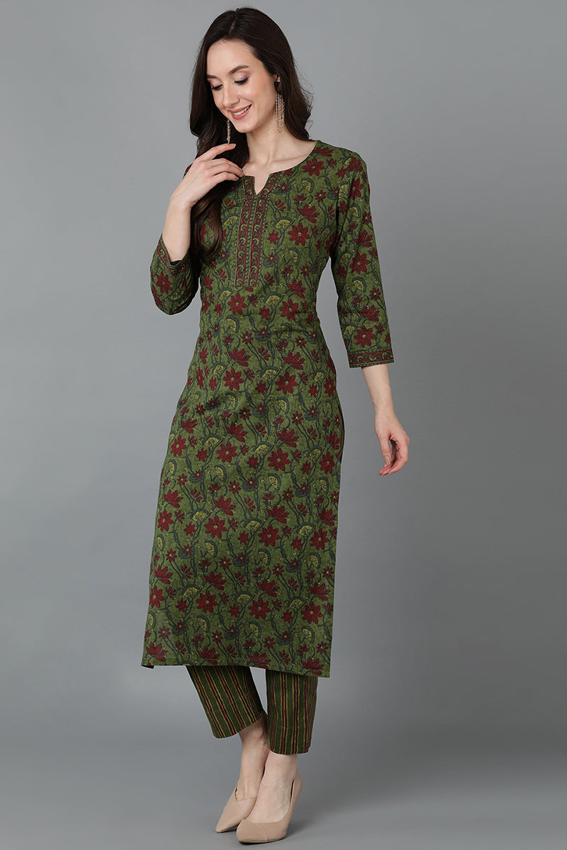 Green Cotton Straight Kurta VCK8885