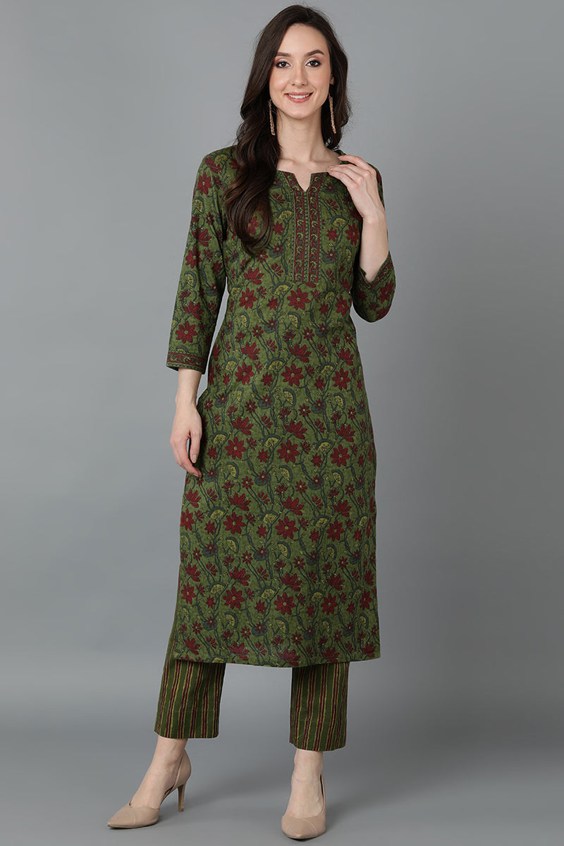 Green Cotton Straight Kurta VCK8885