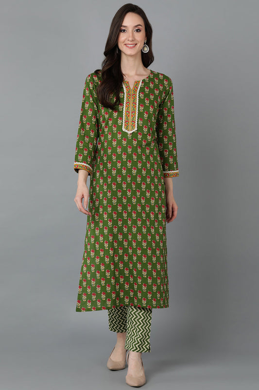 Green Cotton Straight Kurtas VCK8890