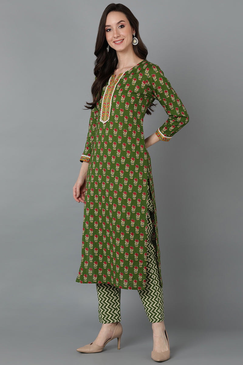 Green Cotton Straight Kurtas VCK8890