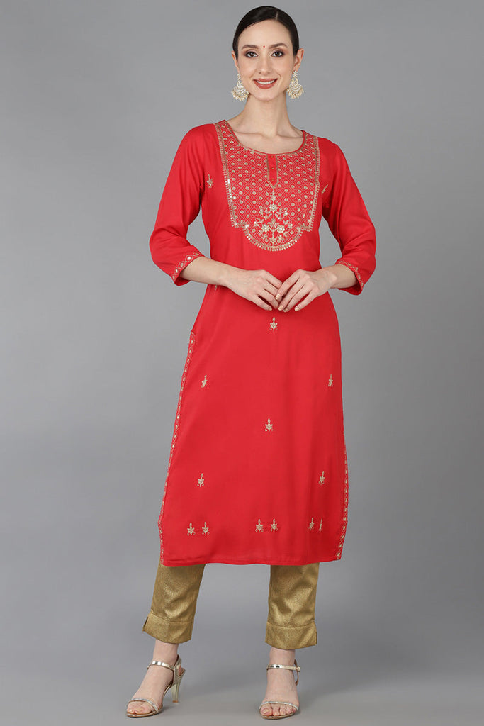 Red Cotton Blend Yoke Design Straight Kurta 