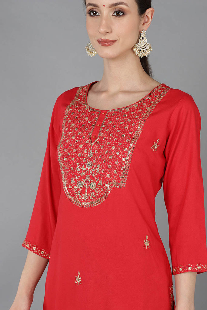 Red Cotton Blend Yoke Design Straight Kurta 