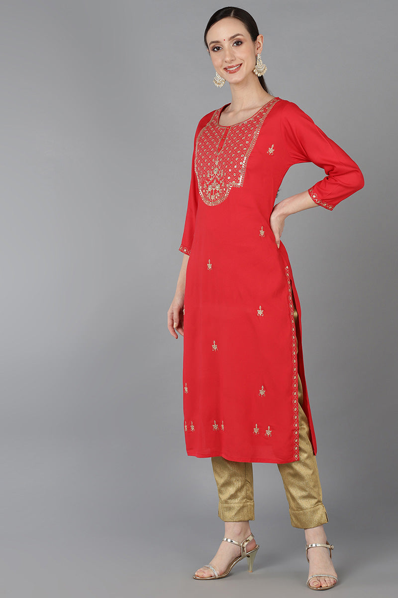 Red Cotton Blend Yoke Design Straight Kurta 