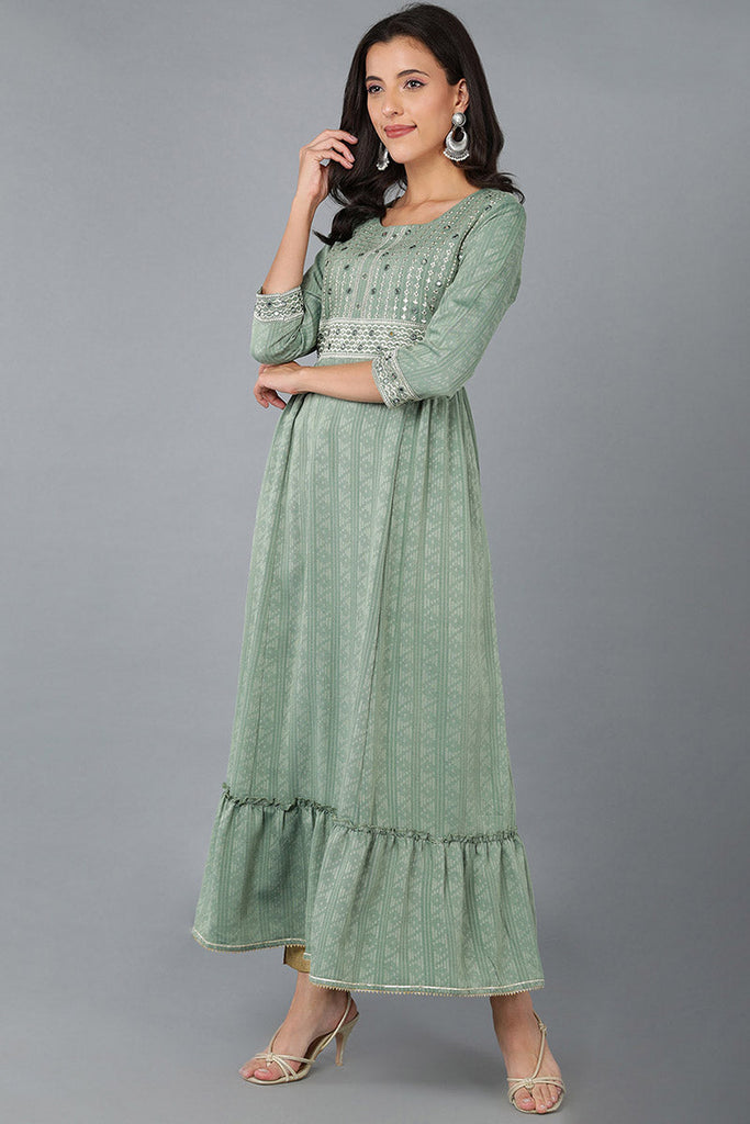 Green Silk Blend Ethnic Motifs Embroidered Anarkali Kurta 