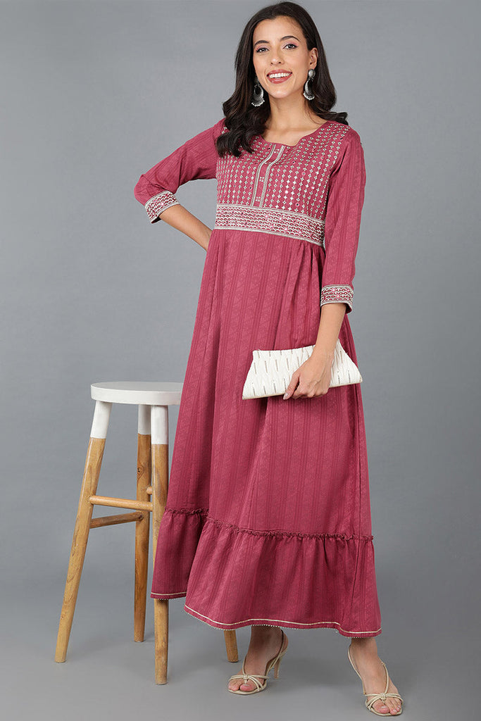 Maroon Silk Blend Ethnic Motifs Embroidered Anarkali Kurta