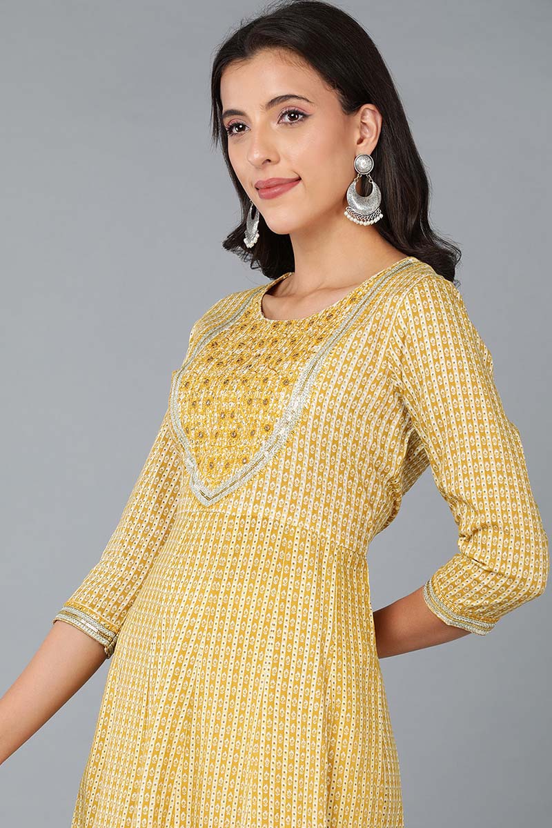 Yellow Cotton Blend Abstract Yoke Design Anarkali Kurta 