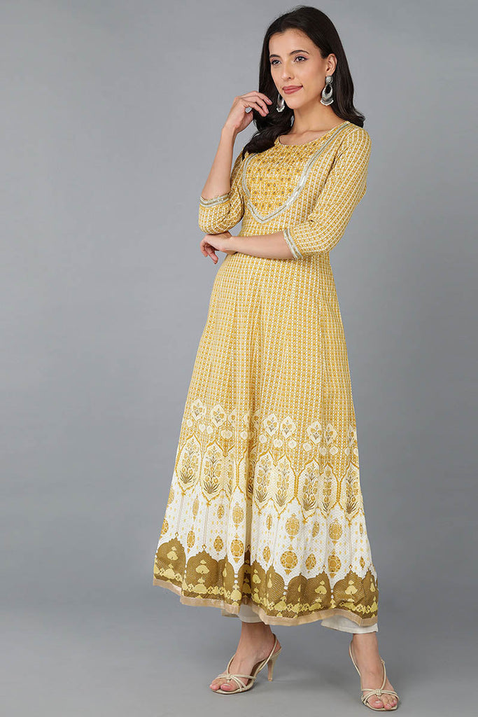 Yellow Cotton Blend Abstract Yoke Design Anarkali Kurta 