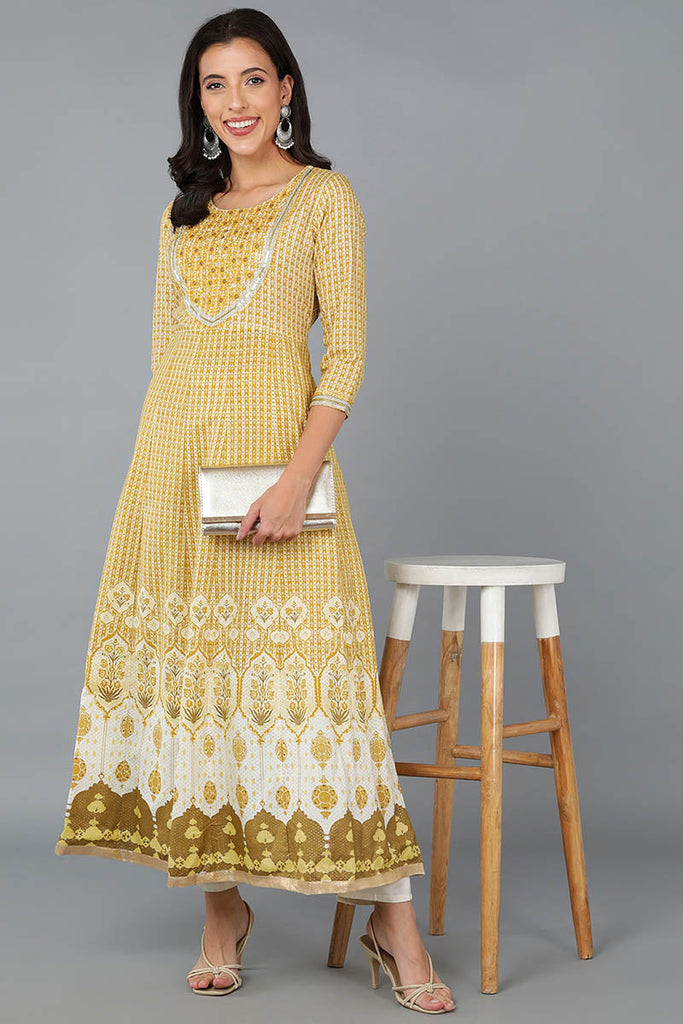 Yellow Cotton Blend Abstract Yoke Design Anarkali Kurta 