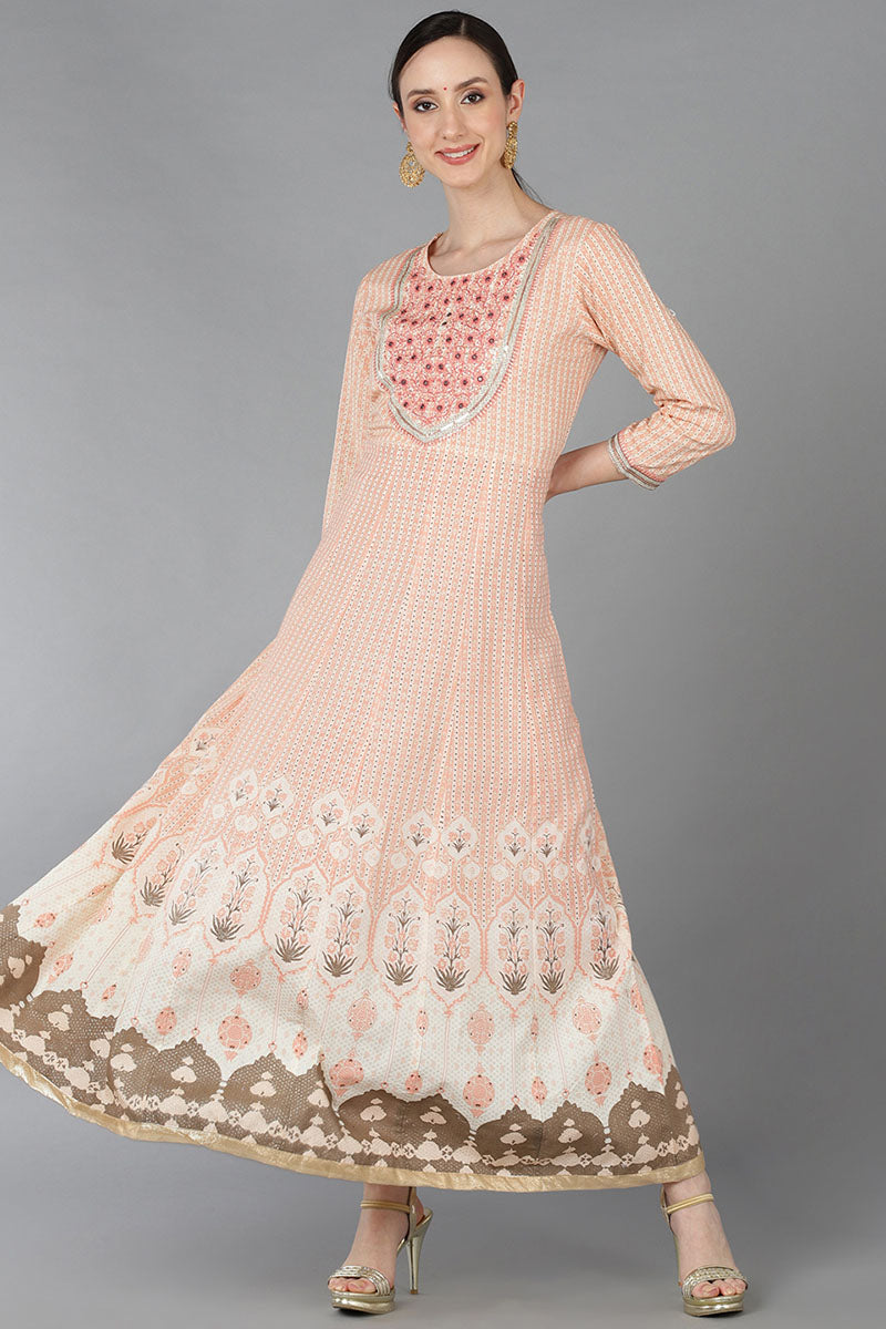 Peach Viscose Rayon Yoke Design Ethnic Flared Kurta 