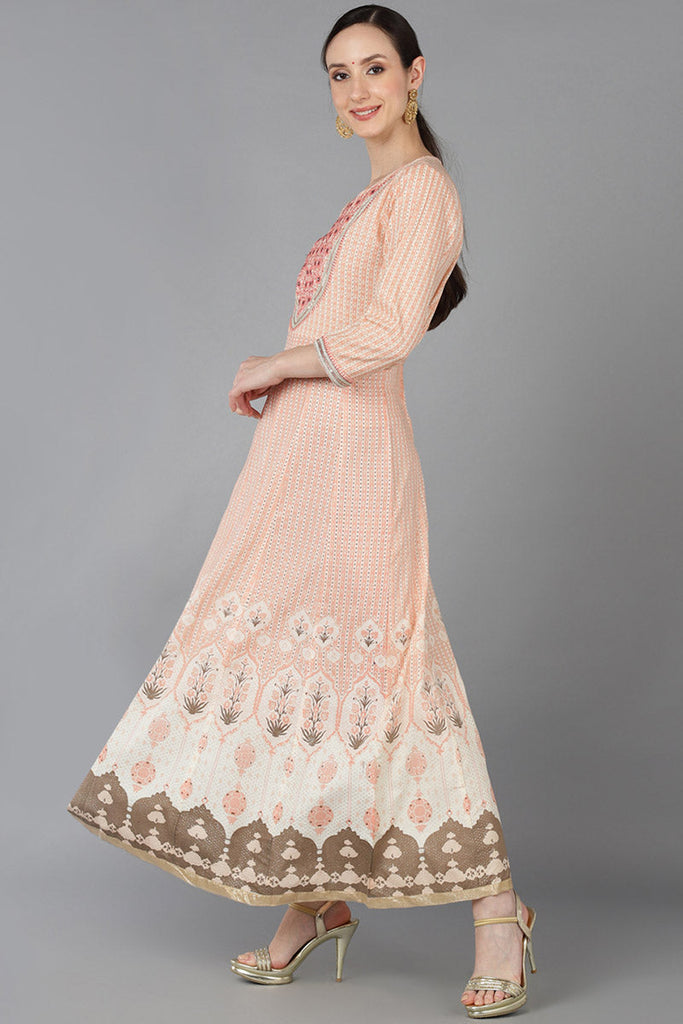 Peach Viscose Rayon Yoke Design Ethnic Flared Kurta 