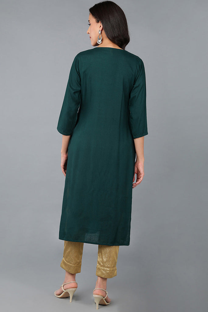 Green Cotton Blend Solid Embroidered Straight Kurta