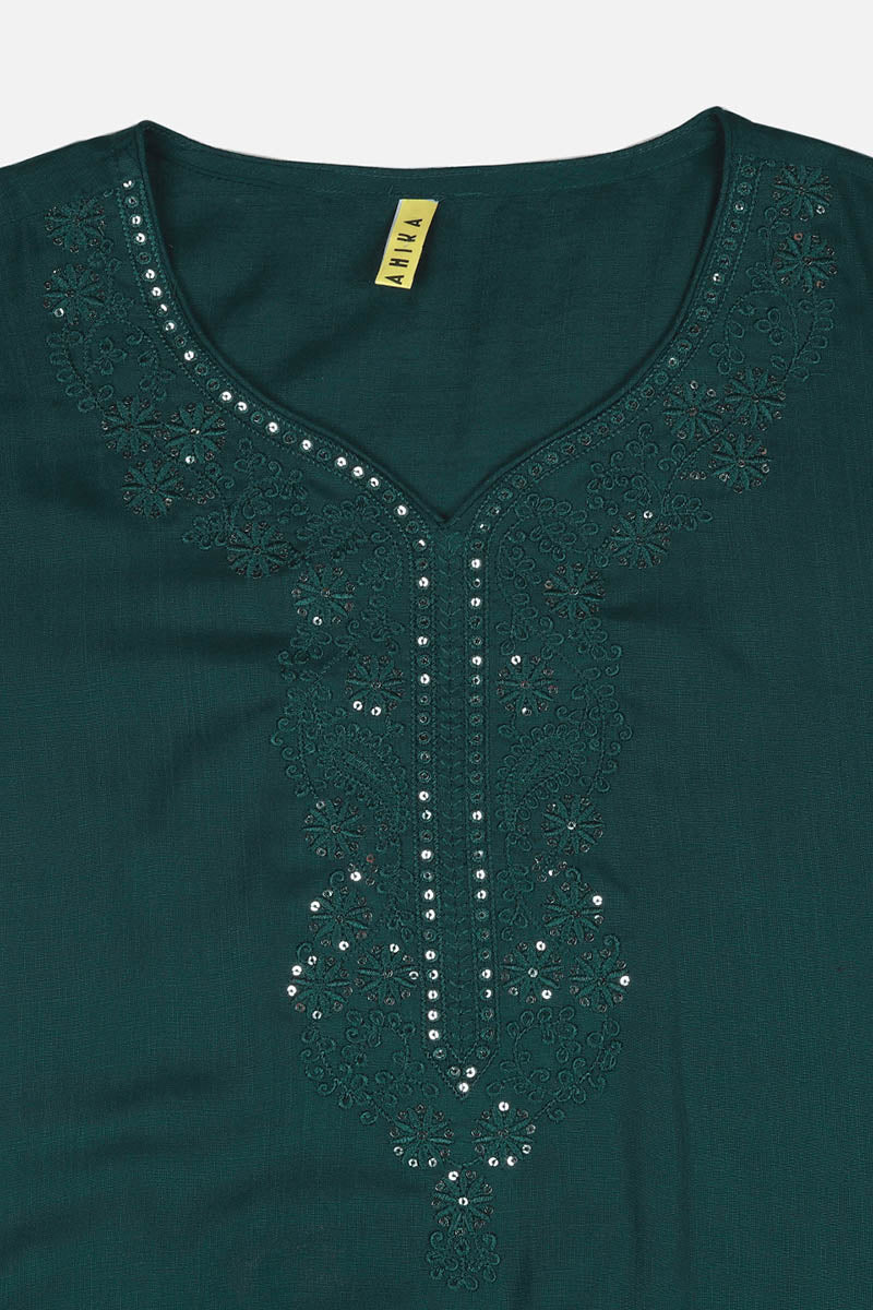 Green Cotton Blend Solid Embroidered Straight Kurta