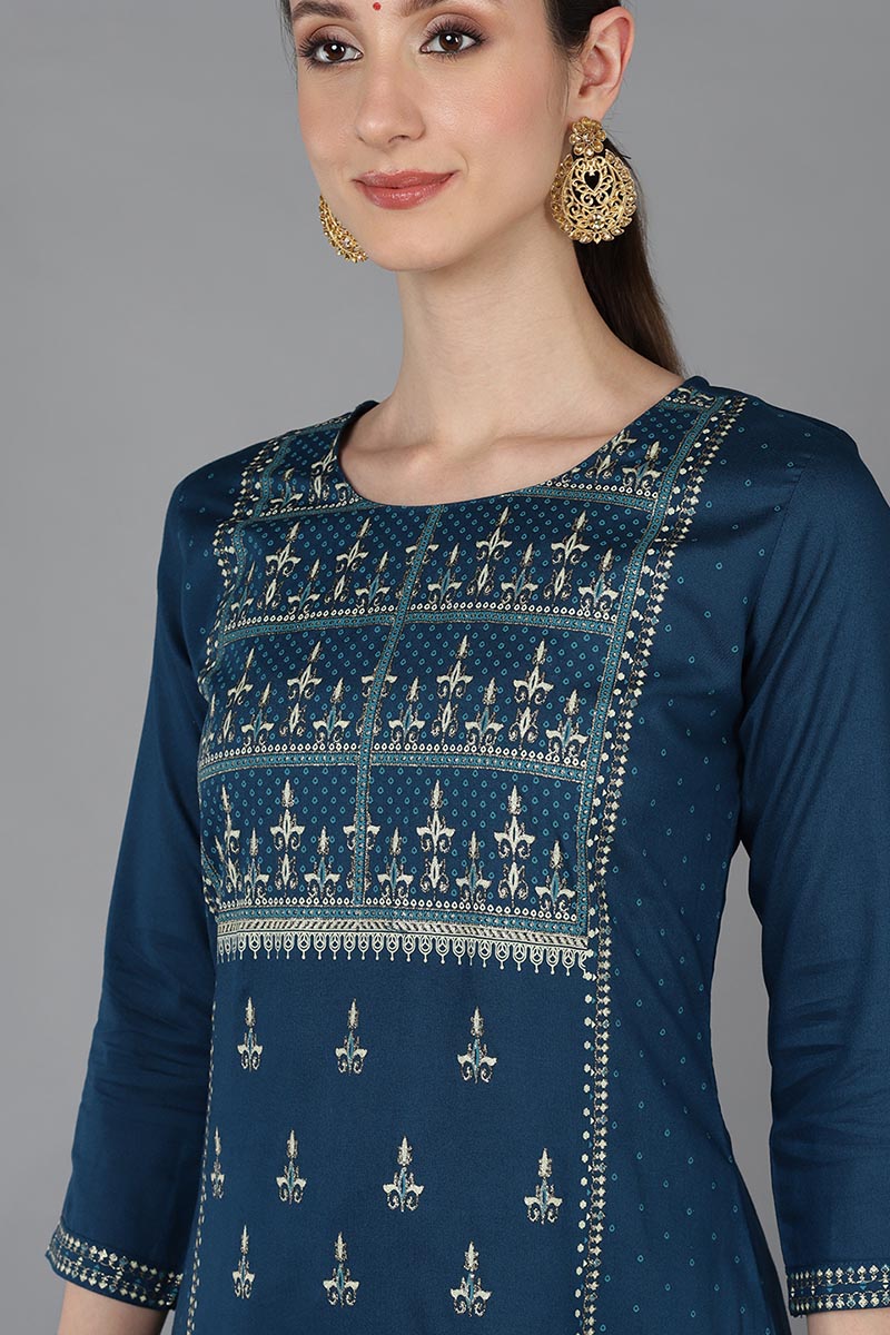 Teal Blue Viscose Rayon Ethnic Straight Kurta 