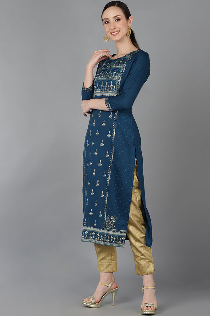 Teal Blue Viscose Rayon Ethnic Straight Kurta 