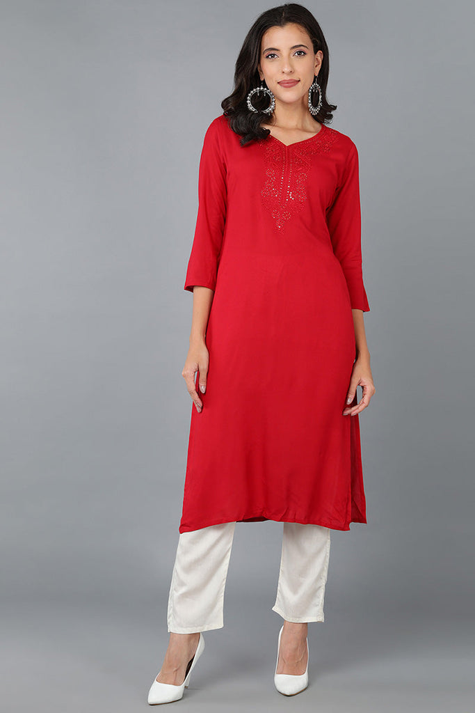 Red Cotton Blend Solid Embroidered Straight Kurta 