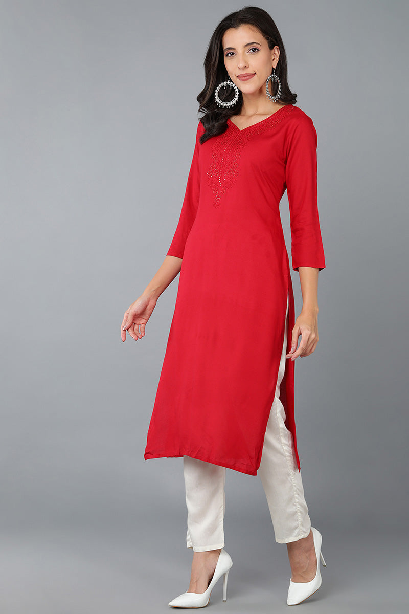 Red Cotton Blend Solid Embroidered Straight Kurta 