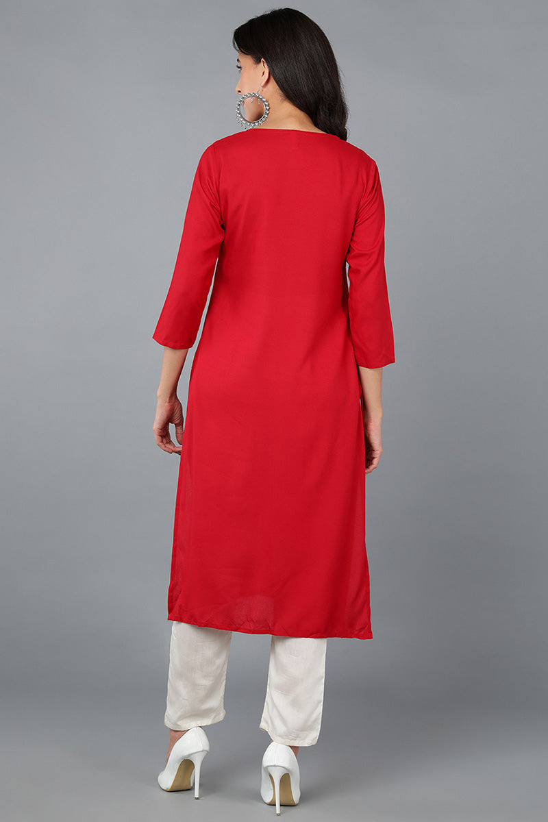 Red Cotton Blend Solid Embroidered Straight Kurta 