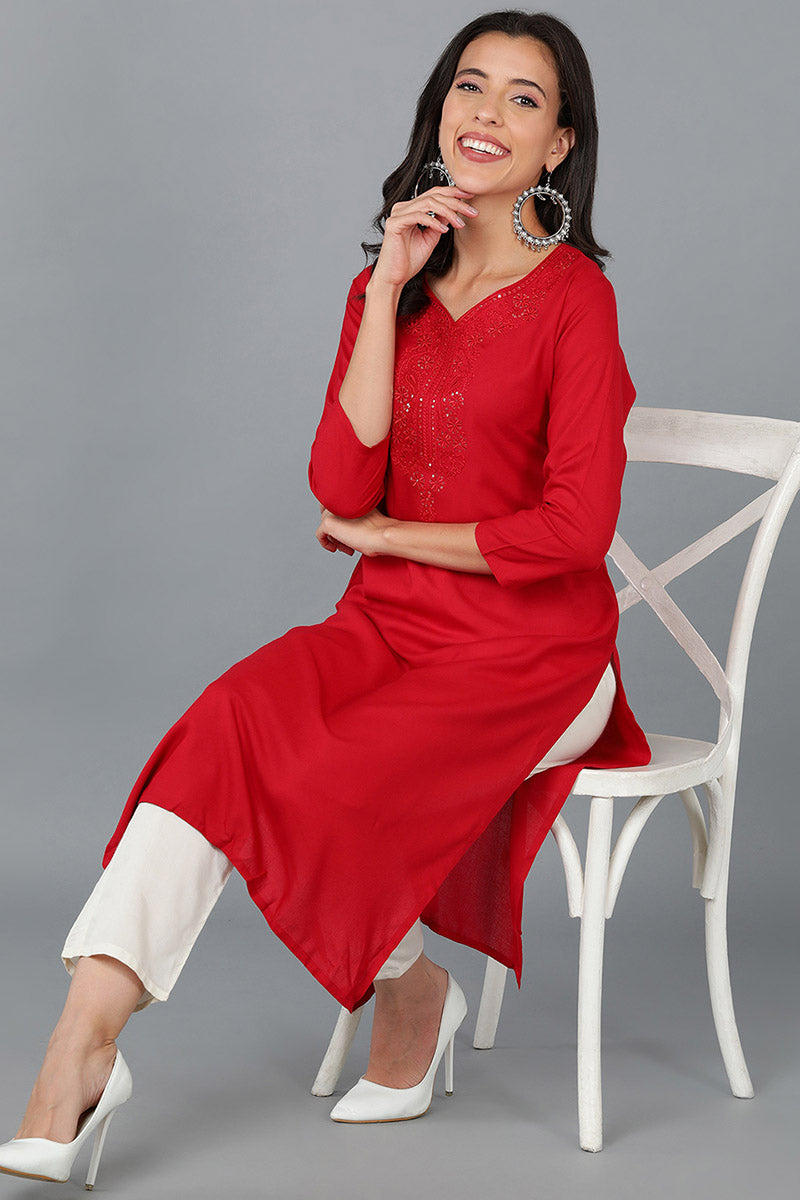 Red Cotton Blend Solid Embroidered Straight Kurta 