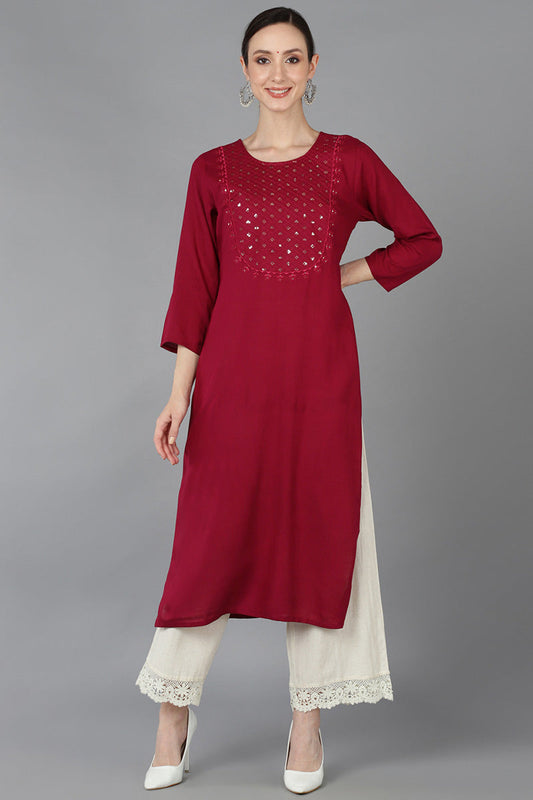 Maroon Cotton Blend Yoke Design Solid Straight Kurta 