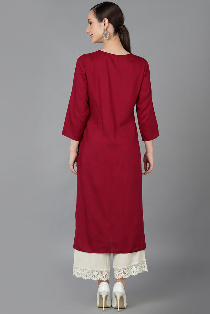 Maroon Cotton Blend Yoke Design Solid Straight Kurta 