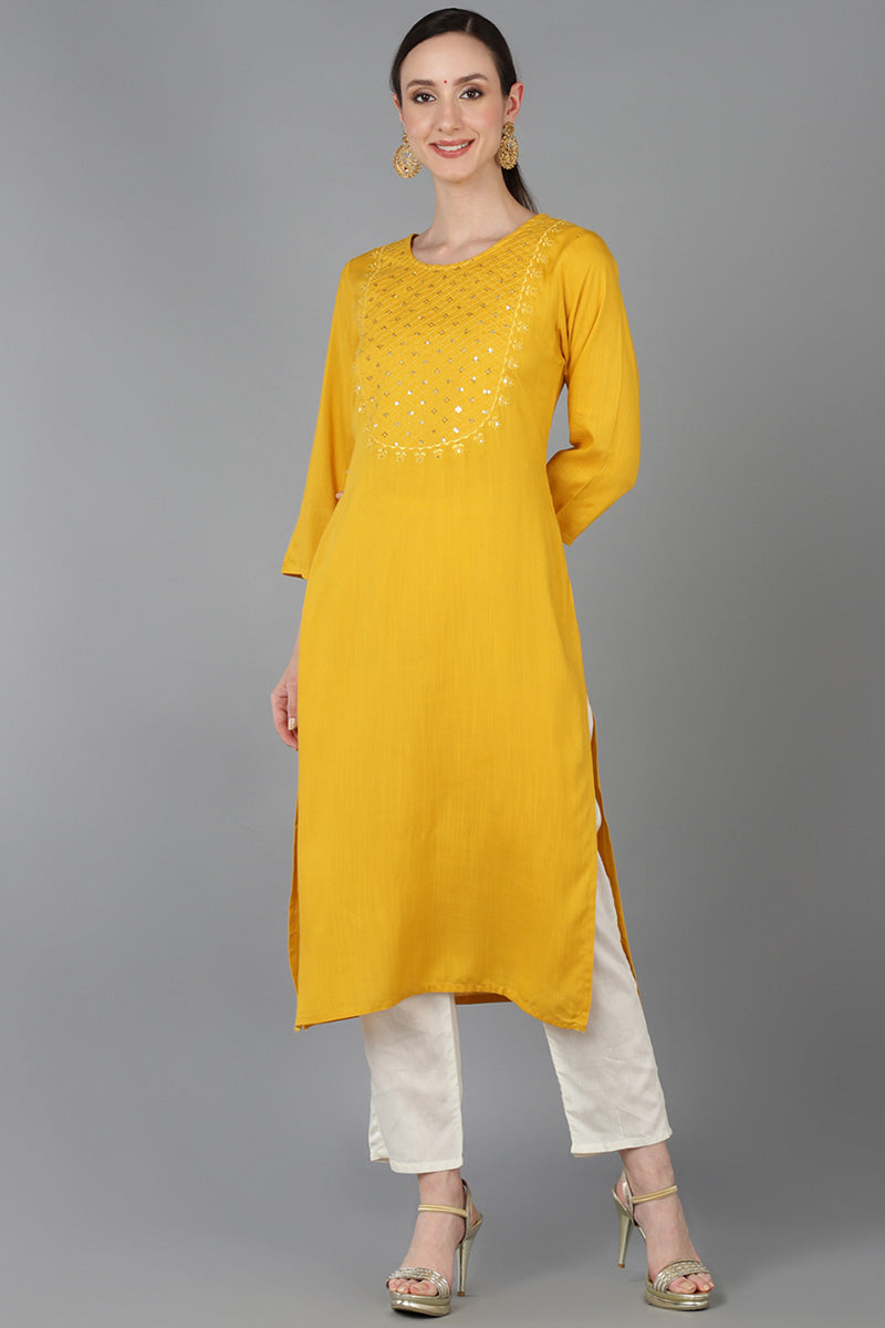 Mustard Cotton Blend Yoke Design Solid Straight Kurta 