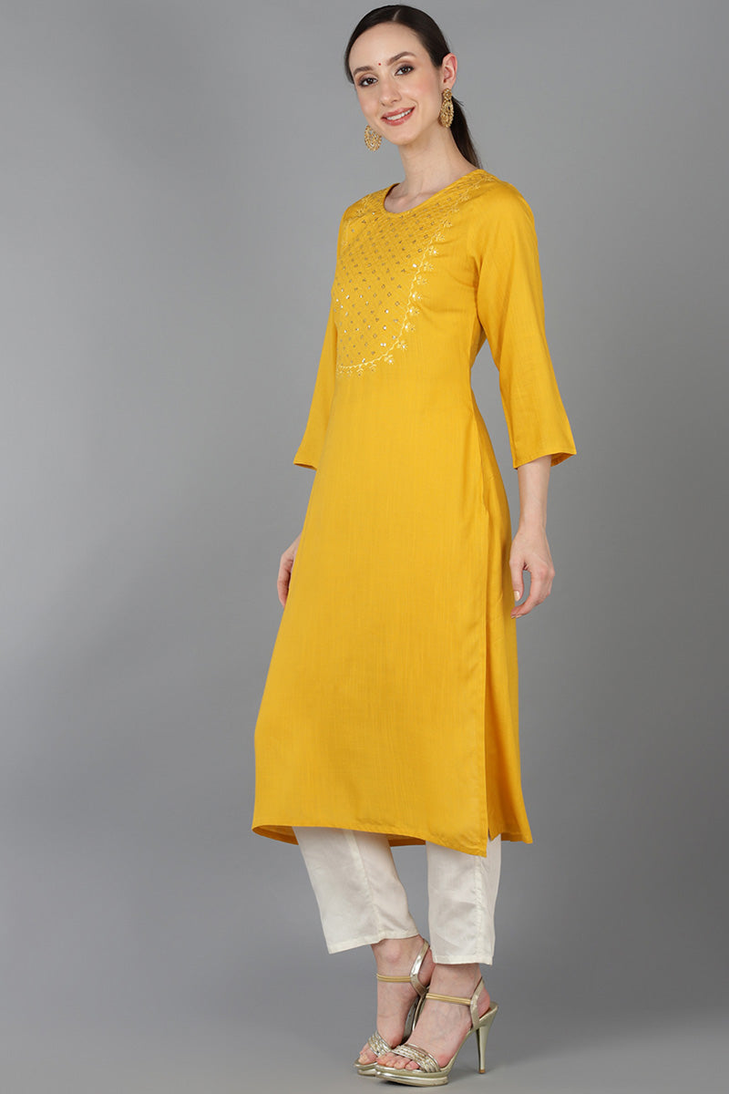 Mustard Cotton Blend Yoke Design Solid Straight Kurta 