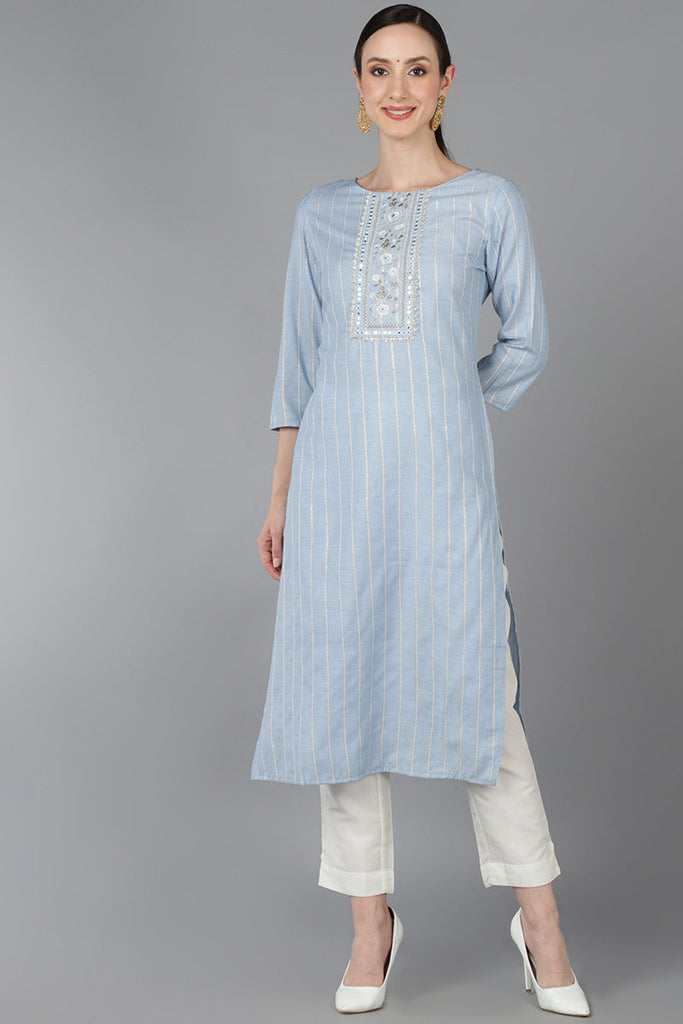 Sky Blue Cotton Yoke Design Striped Printed Straight Kurta 