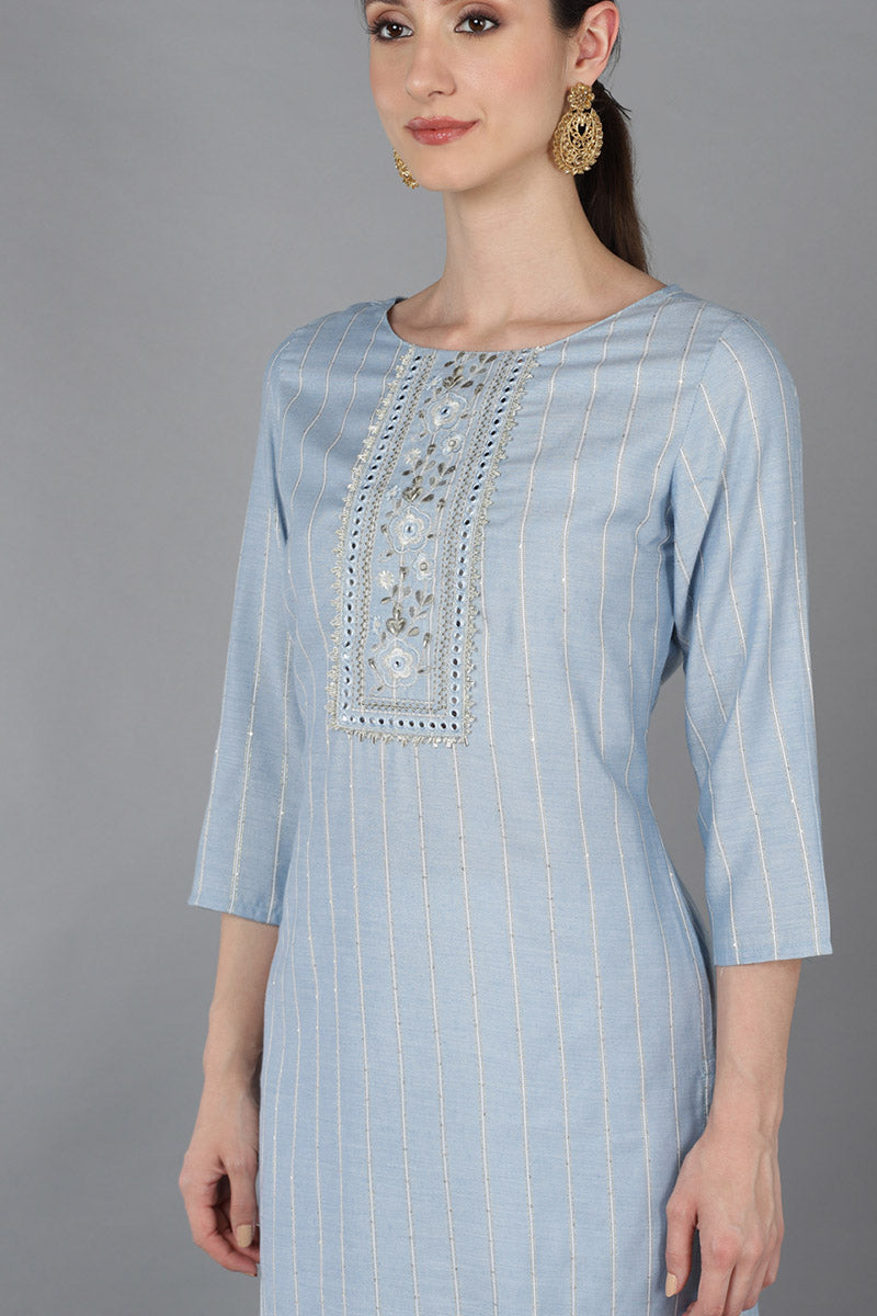 Sky Blue Cotton Yoke Design Striped Printed Straight Kurta 