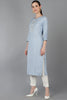 Sky Blue Cotton Yoke Design Striped Printed Straight Kurta 