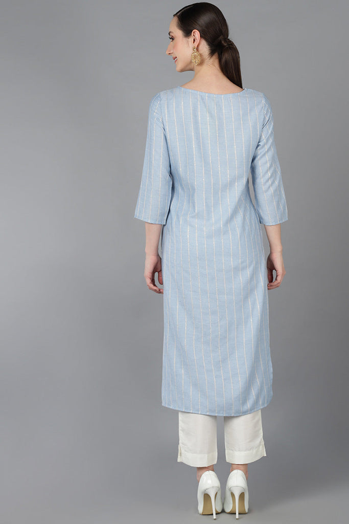 Sky Blue Cotton Yoke Design Striped Printed Straight Kurta 