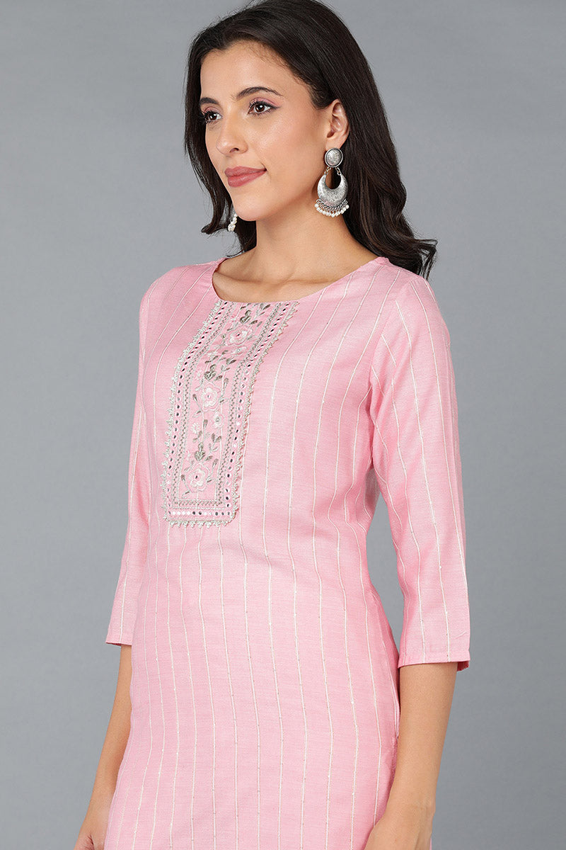 Pink Cotton Striped Yoke Design Straight Kurta 