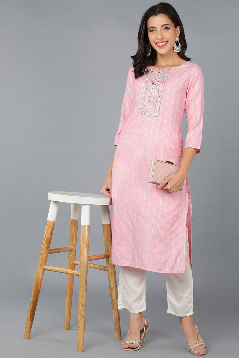 Pink Cotton Striped Yoke Design Straight Kurta 