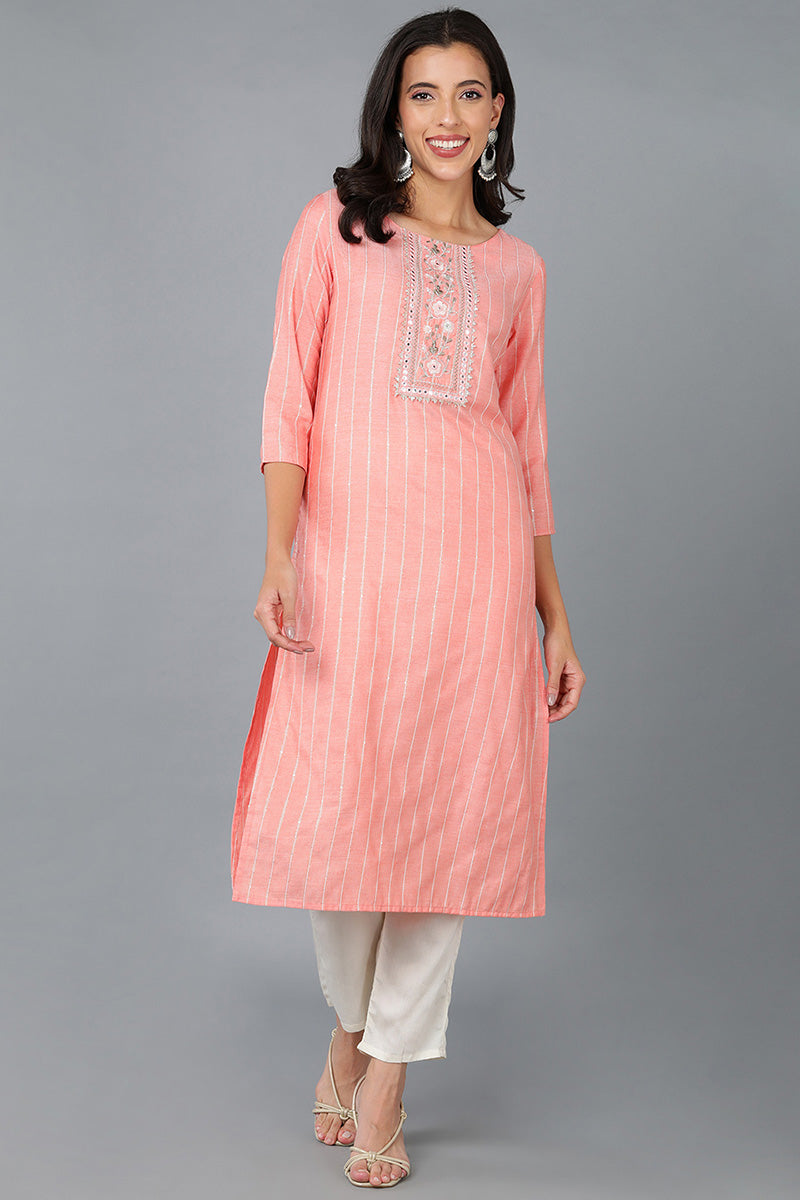 Pink Cotton Striped Yoke Design Straight Kurta 