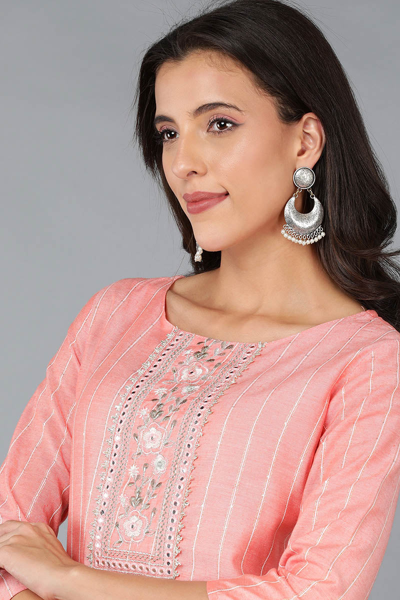 Pink Cotton Striped Yoke Design Straight Kurta 