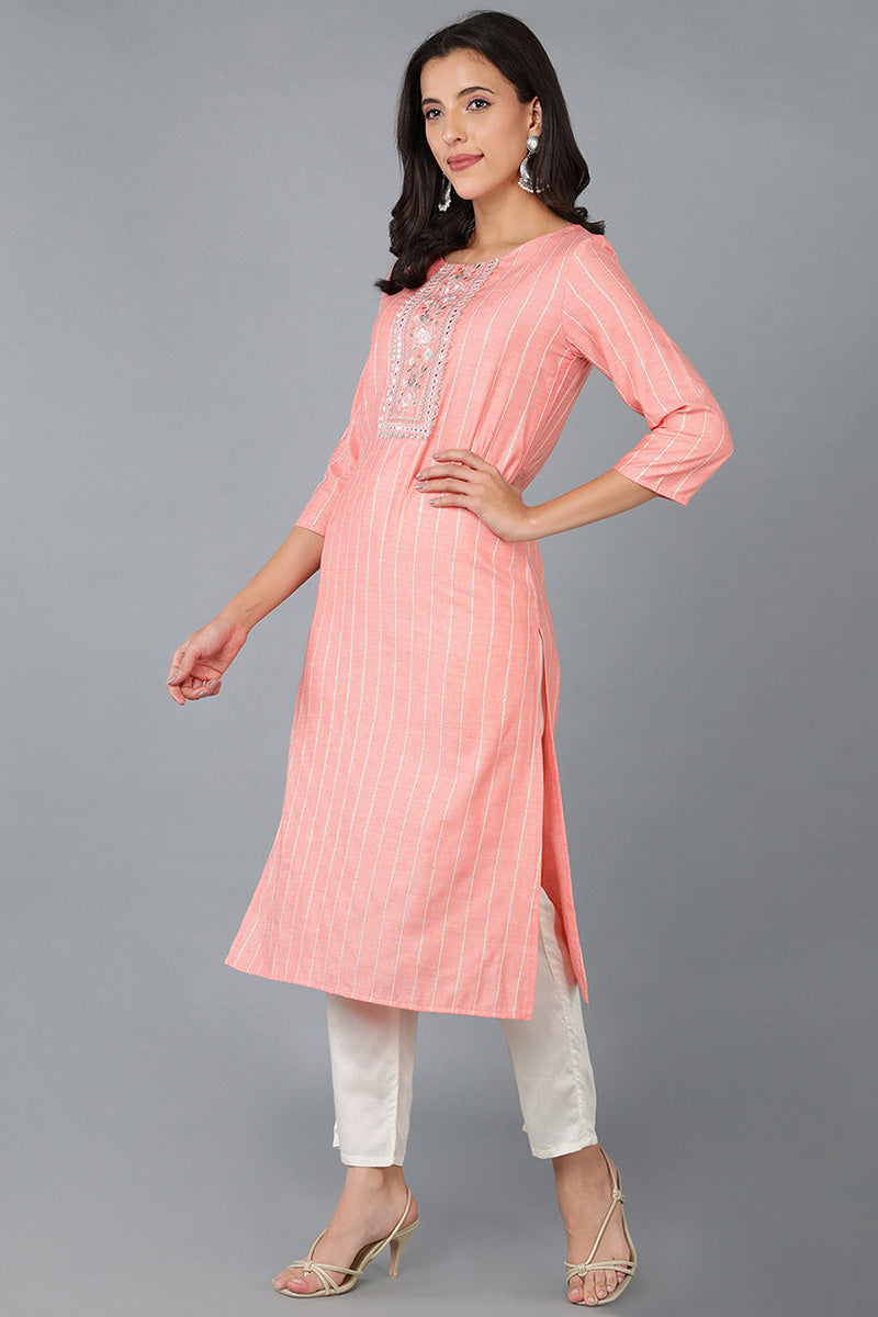 Pink Cotton Striped Yoke Design Straight Kurta 