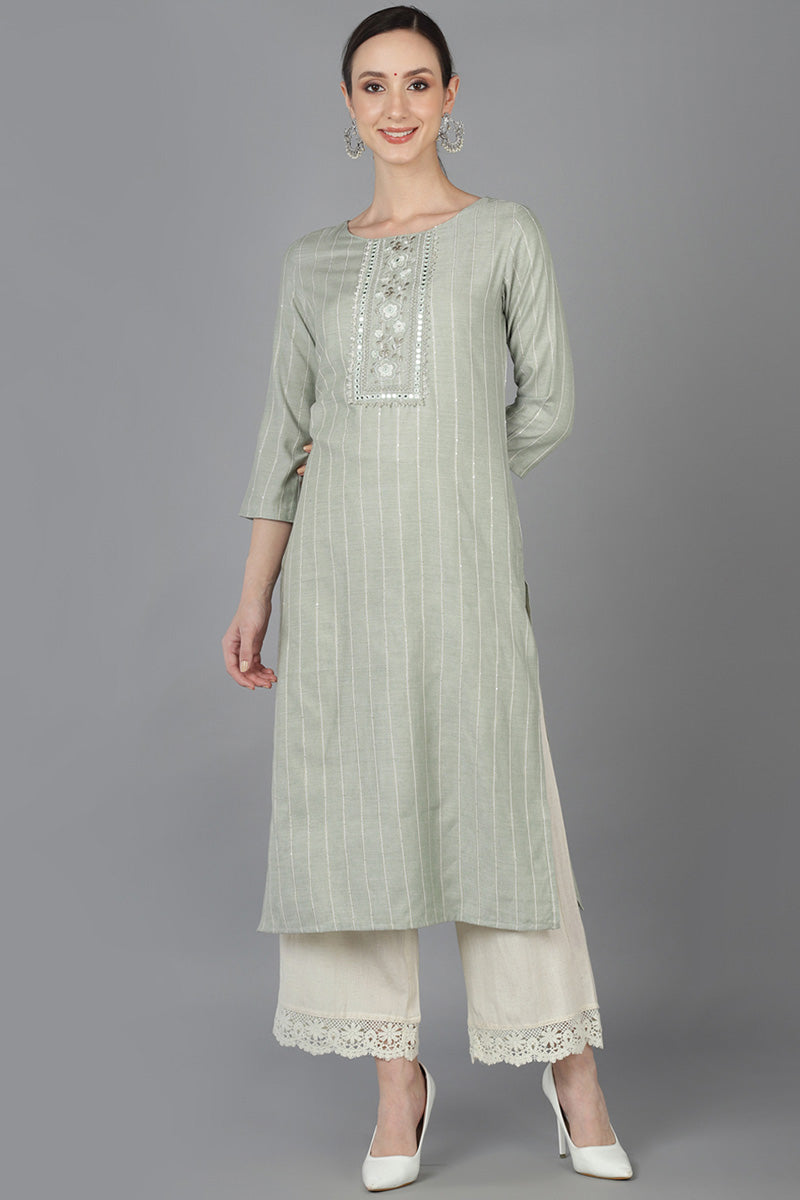 Green Cotton striped Round Neck straight Kurta 