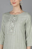 Green Cotton striped Round Neck straight Kurta 