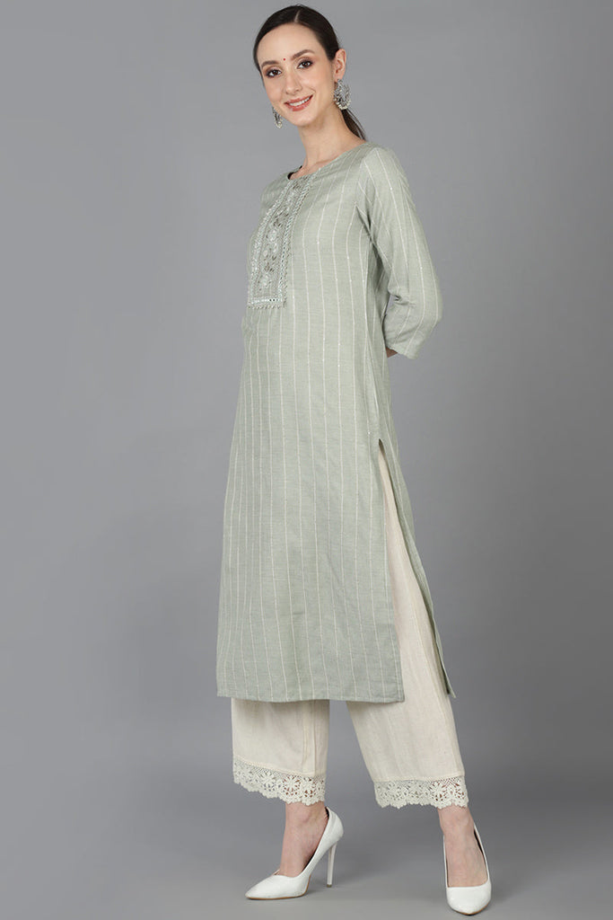 Green Cotton striped Round Neck straight Kurta 