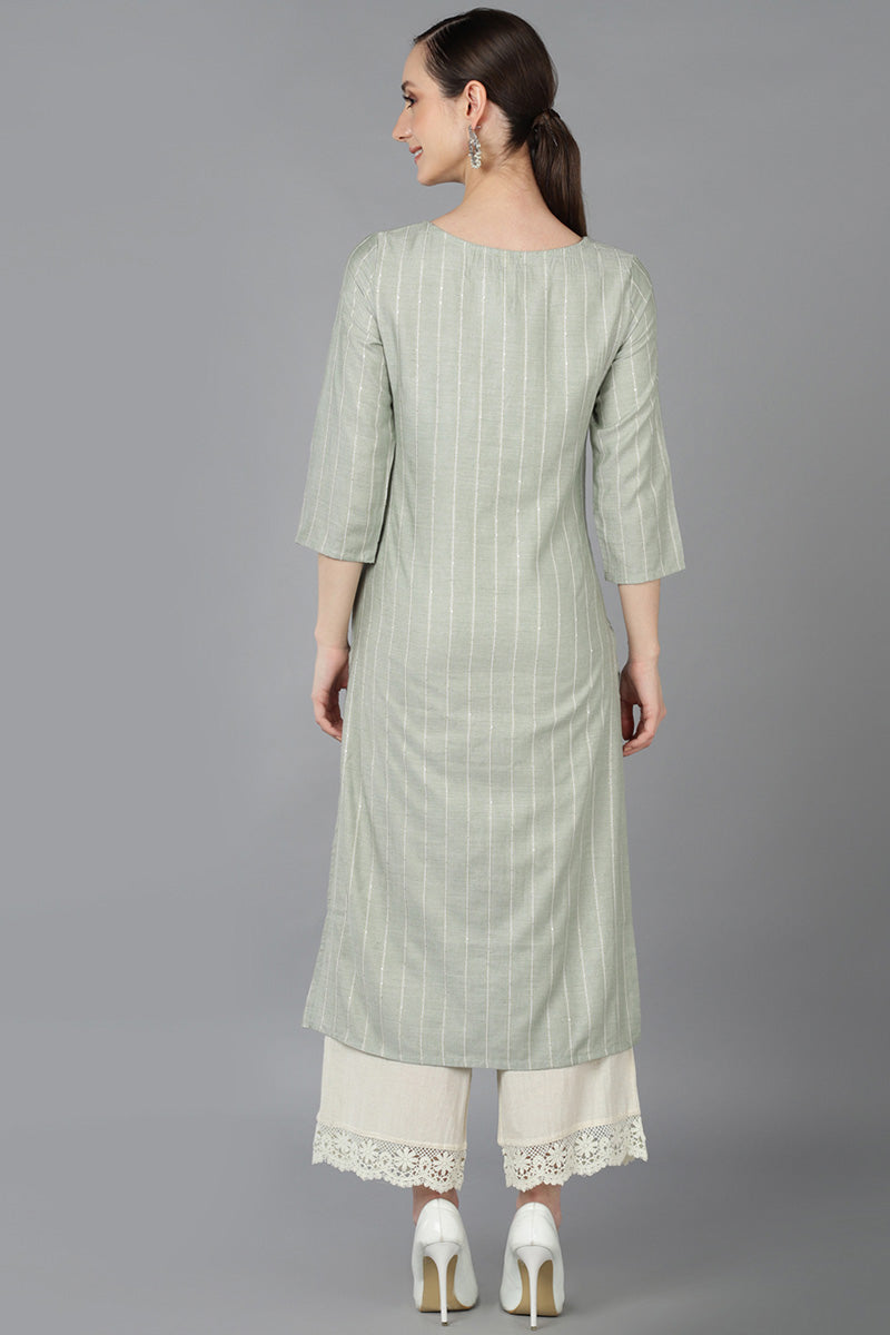 Green Cotton striped Round Neck straight Kurta 