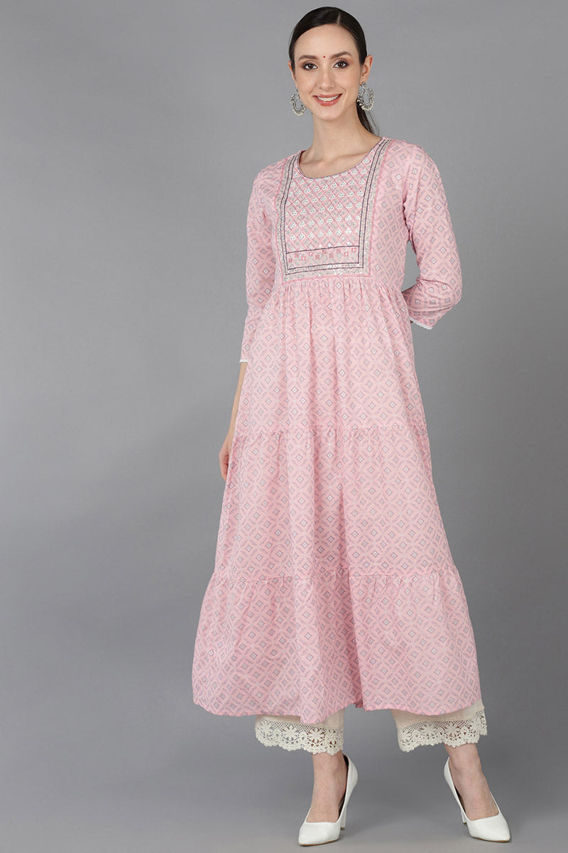 Pink Cotton Yoke Design Abstract Printed Flared Kurta 