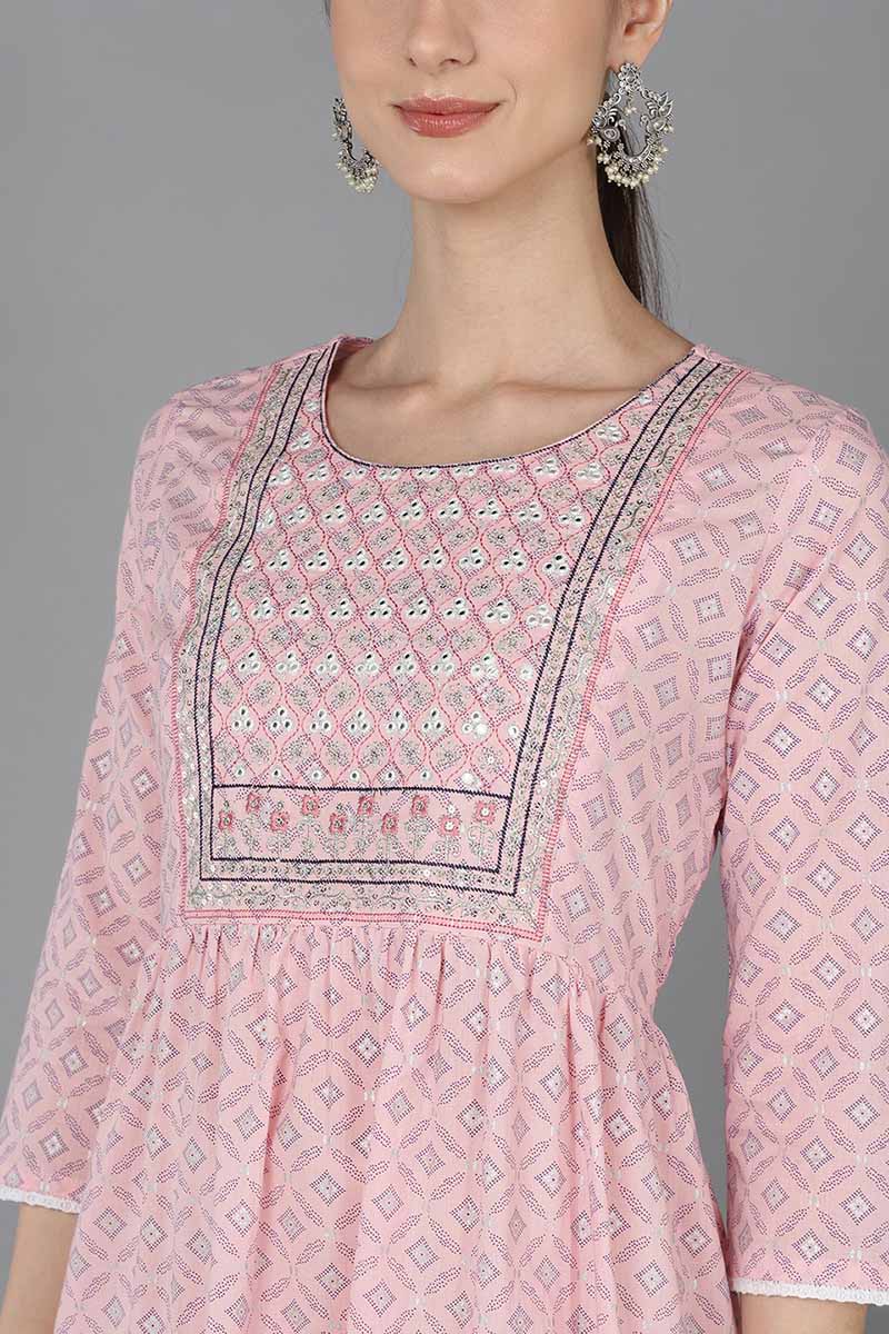 Pink Cotton Yoke Design Abstract Printed Flared Kurta 