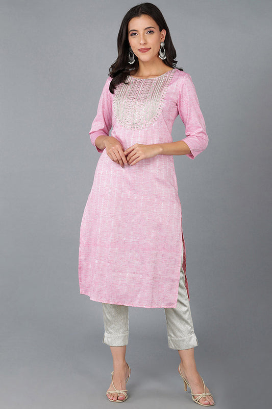 Pink Cotton Solid Yoke Design Straight Kurta 