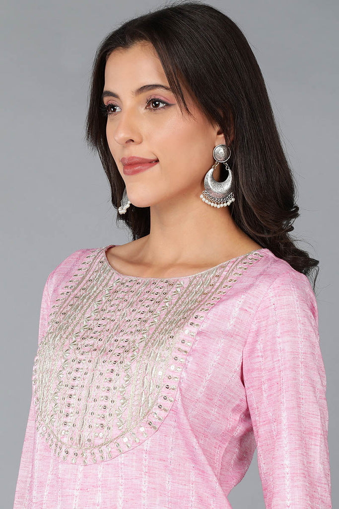 Pink Cotton Solid Yoke Design Straight Kurta 