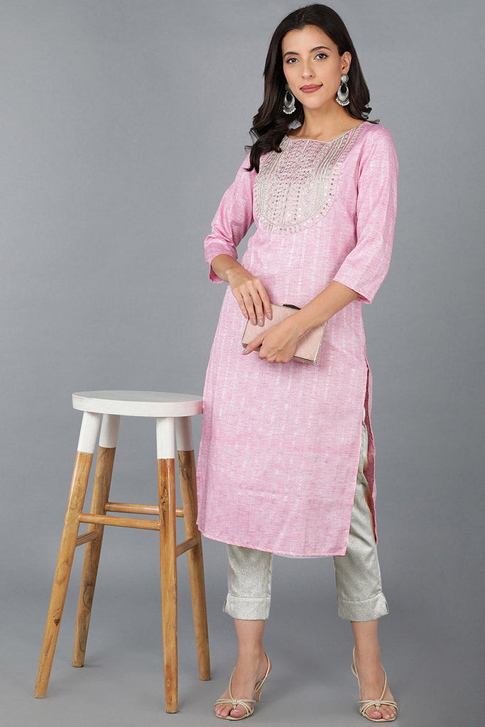 Pink Cotton Solid Yoke Design Straight Kurta 