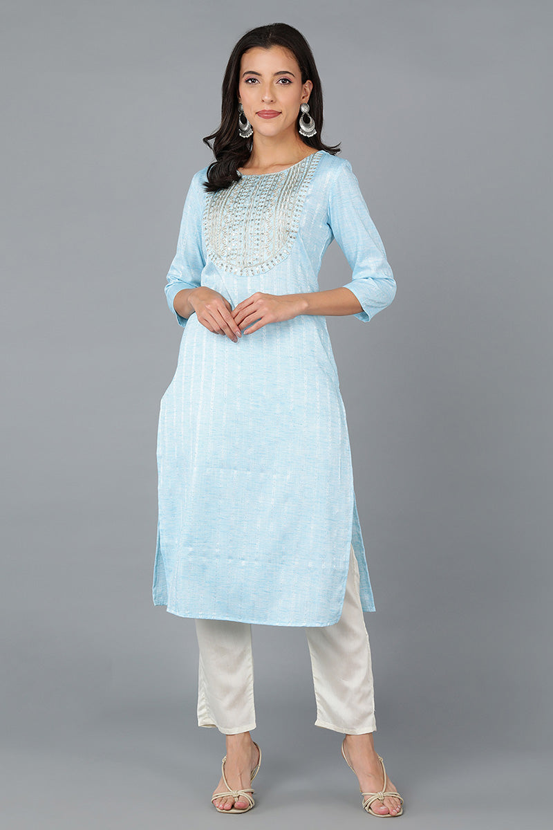 Blue Cotton Solid Yoke Design Straight Kurta 