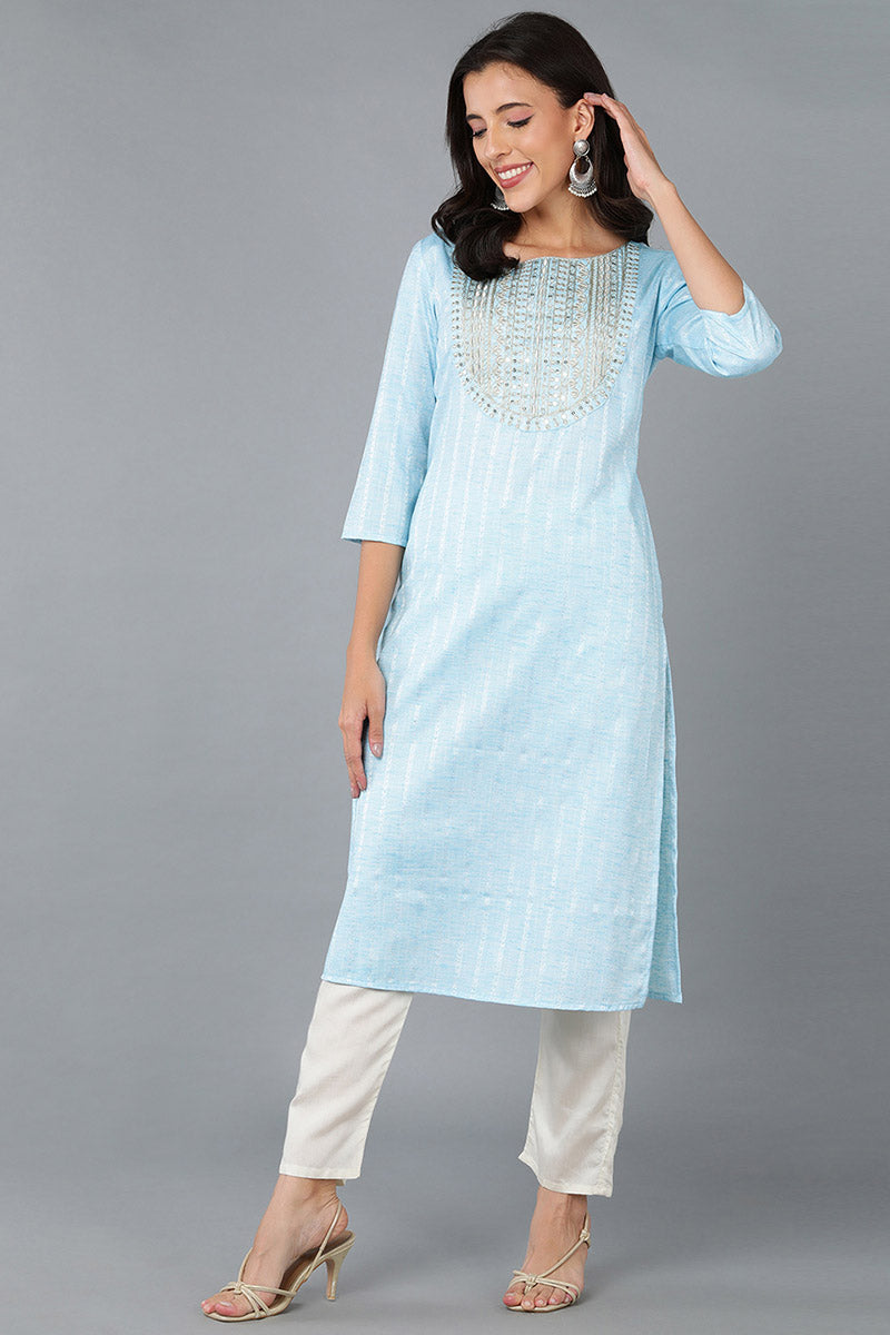 Blue Cotton Solid Yoke Design Straight Kurta 