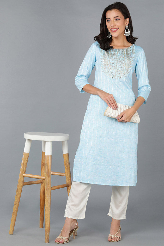 Blue Cotton Solid Yoke Design Straight Kurta 