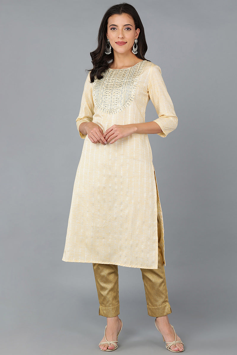 Yellow Cotton Striped Yoke Design Straight Kurta 