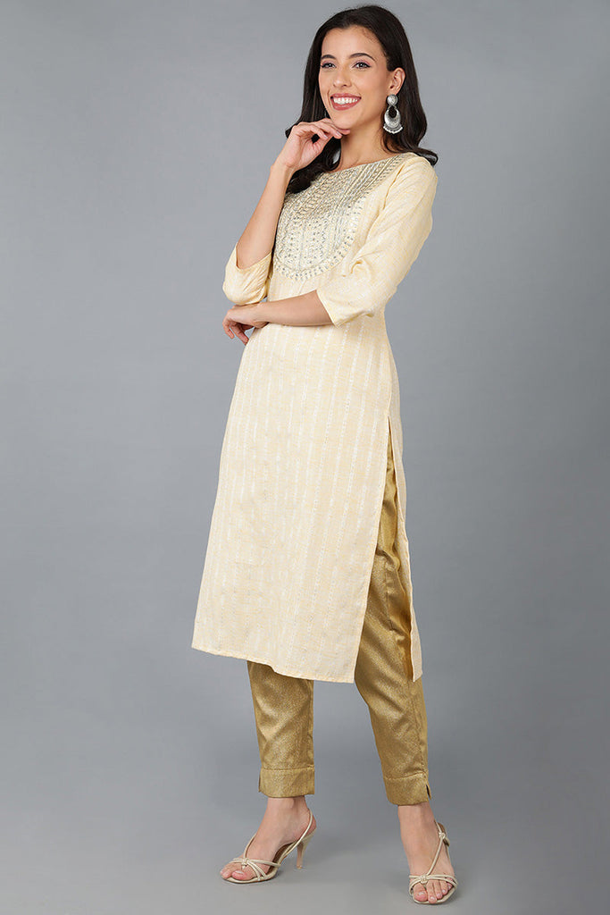 Yellow Cotton Striped Yoke Design Straight Kurta 