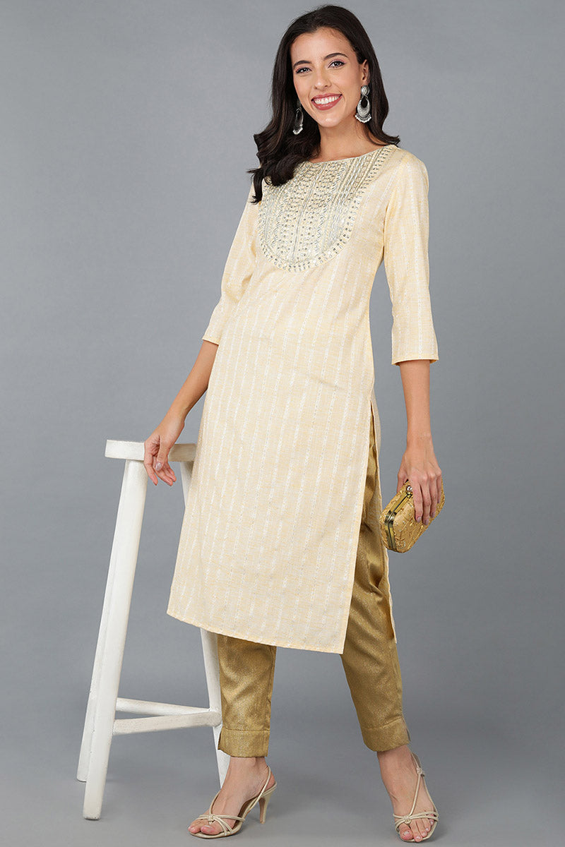 Yellow Cotton Striped Yoke Design Straight Kurta 